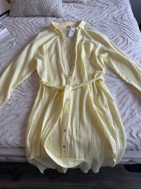 Magaschoni Light Yellow Breezy Gauze Button Up Shirt Dress size XL